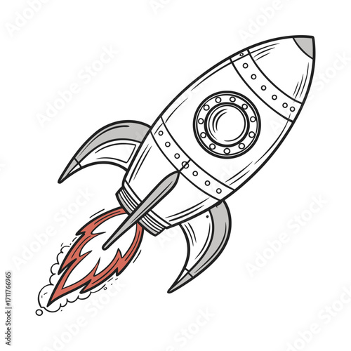 Whimsical hand drawn rocket ship blasting off illustration