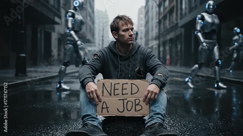 Desperate man holding 'Need a Job' sign amidst futuristic robots on a wet city street, conveying job displacement and technological unemployment themes in a dystopian future setting.