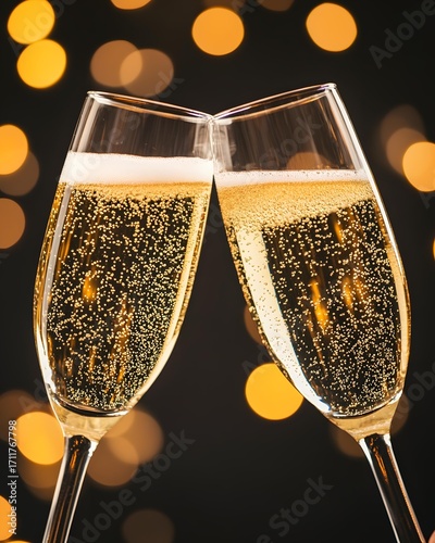 Champagne Toast Celebration with sparkling champagne glasses, festive Champagne Toast Celebration party, luxury Champagne Toast Celebration cheers with golden bokeh lights