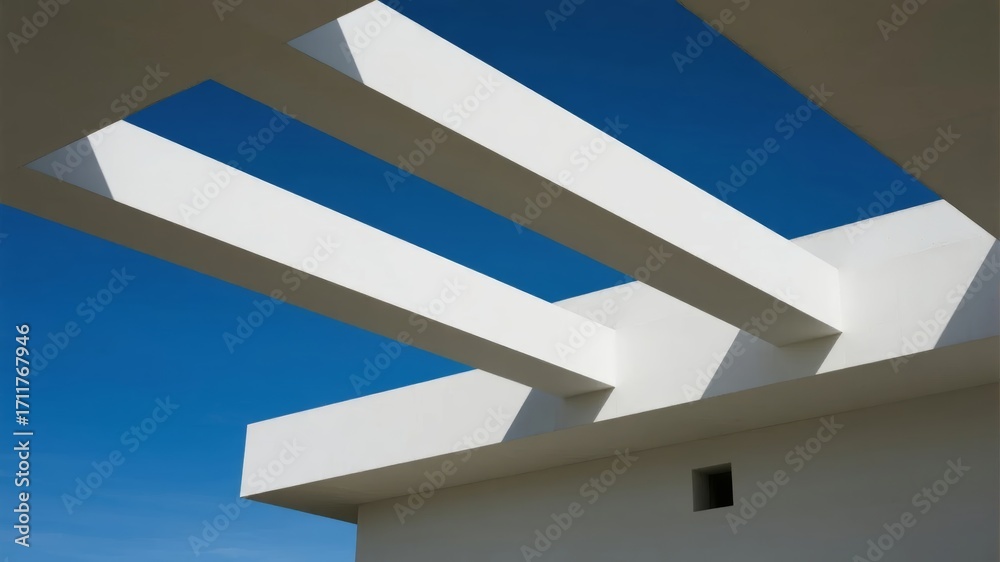 Obraz premium Modern architectural structure with white geometric beams against a clear blue sky
