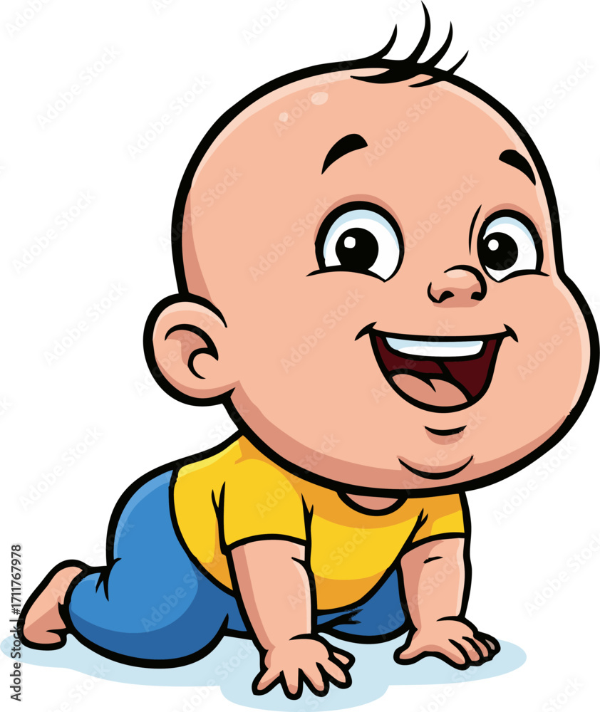 Obraz premium Cheerful Baby Cartoon Crawling in Yellow Shirt