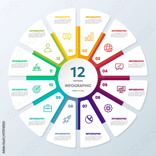 12 Steps Infographic Pie Chart and Business Icons