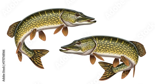 Two Northern Pike Fish Illustration on White Background.