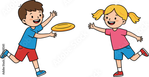Cartoon boy and girl playing frisbee outdoors, happy children throwing disc, summer fun activity, kids enjoying outdoor game illustration