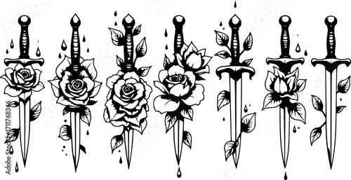 Dagger and Rose Tattoo Silhouette Collection