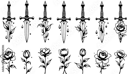 Dagger and Rose Tattoo Silhouette Collection