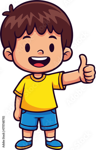 Cheerful Cartoon Boy with Brown Hair Giving a Thumbs Up Gesture