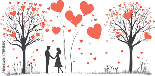 Romantic couple holding hands under falling hearts and autumn trees symbolizing love and togetherness