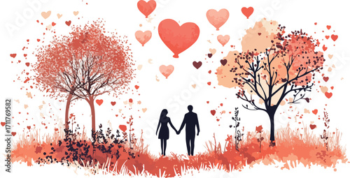 Romantic couple holding hands walking through autumn trees with heart balloons floating above them