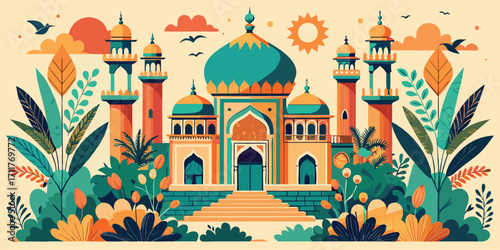 Islamic mosque with minarets and lush foliage architecture