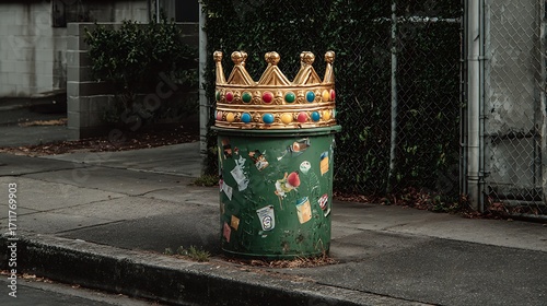 Ornate crown resting on a decorated trash can isolated on white background