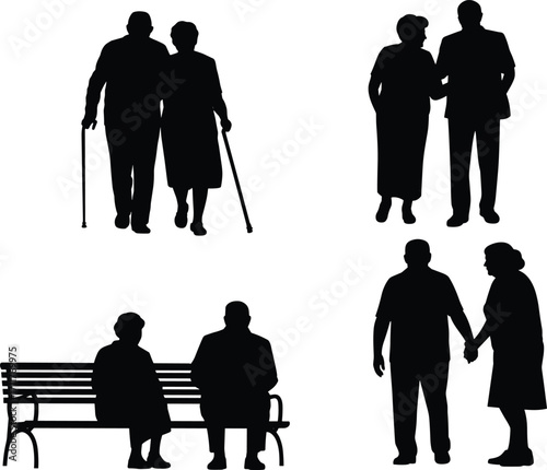 Elderly couple silhouettes walking, sitting on bench, holding hands, companionship, love, support, friendship, senior people, mature relationships, outdoor, care, connection, togetherness, family.