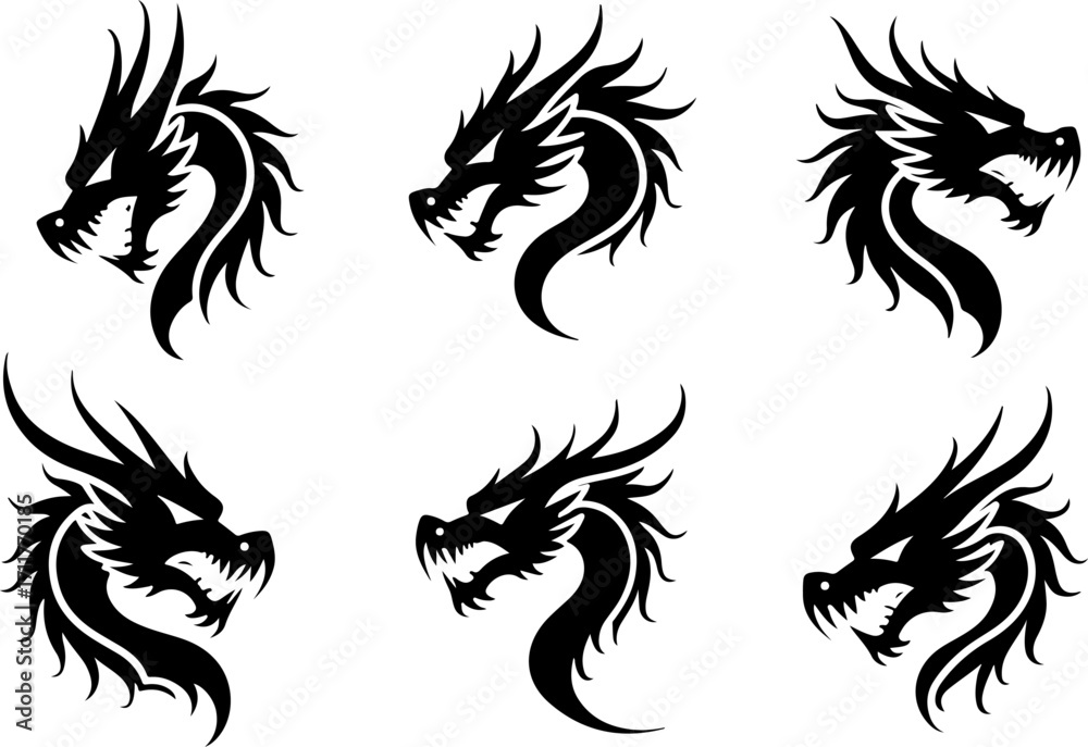 Fototapeta premium Dragon Head SVG Bundle | Tribal Dragon Tattoo Designs | Mythical Beast Silhouette Cut Files