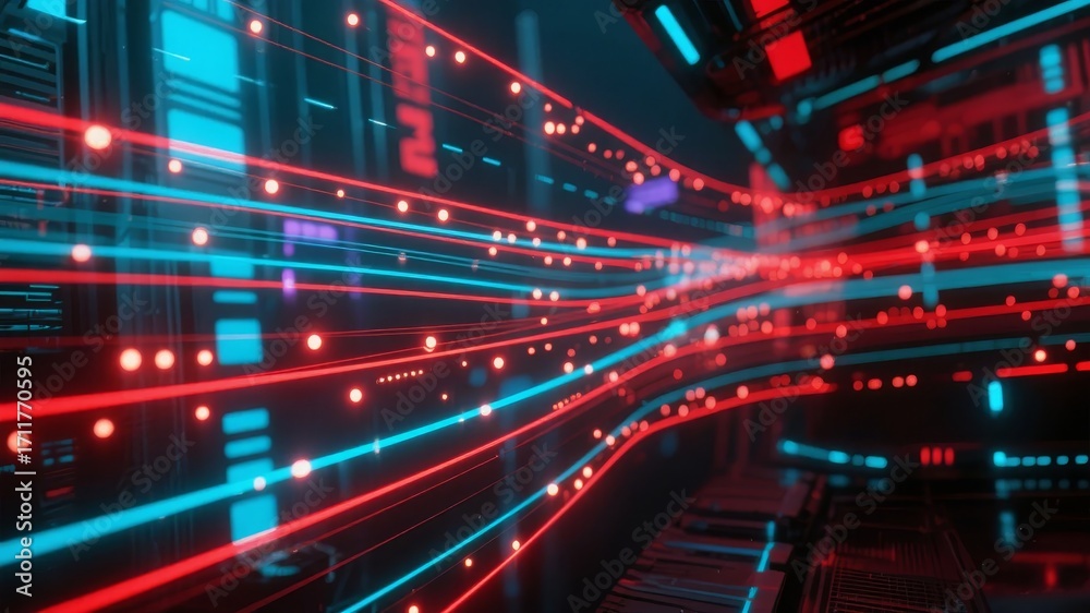Fototapeta premium Futuristic digital corridor with glowing red and blue light trails in a high-tech environment