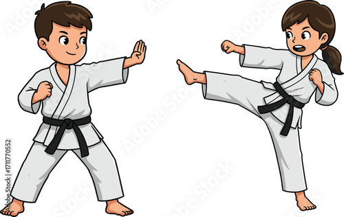 Cartoon boy and girl practicing karate, martial arts training, karate uniform, black belt skills, sports illustration, karate kick and defense