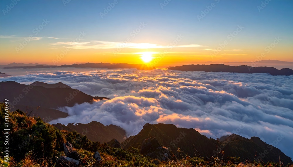 Obraz premium Mountain sunset over clouds (1)