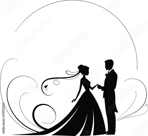 Elegant bride and groom silhouette with decorative swirls, romantic wedding scene, love and commitment, stylish couple, wedding day, celebration, black and white, classic design.