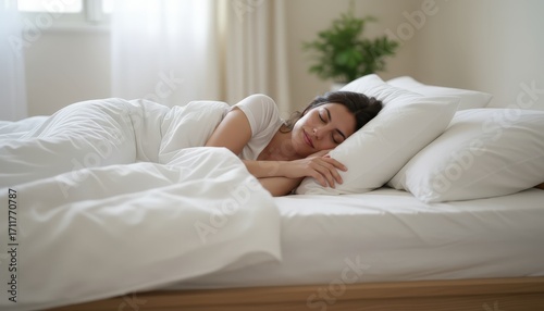 woman in deep sleep on a white bed. Perfect for relaxation, healthy lifestyle, and restful concepts