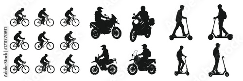 Set of transport and people silhouettes including bicycle, motorcycle, and walking