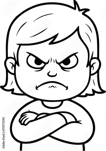 Frowning Cartoon Girl with Arms Crossed, Black and White