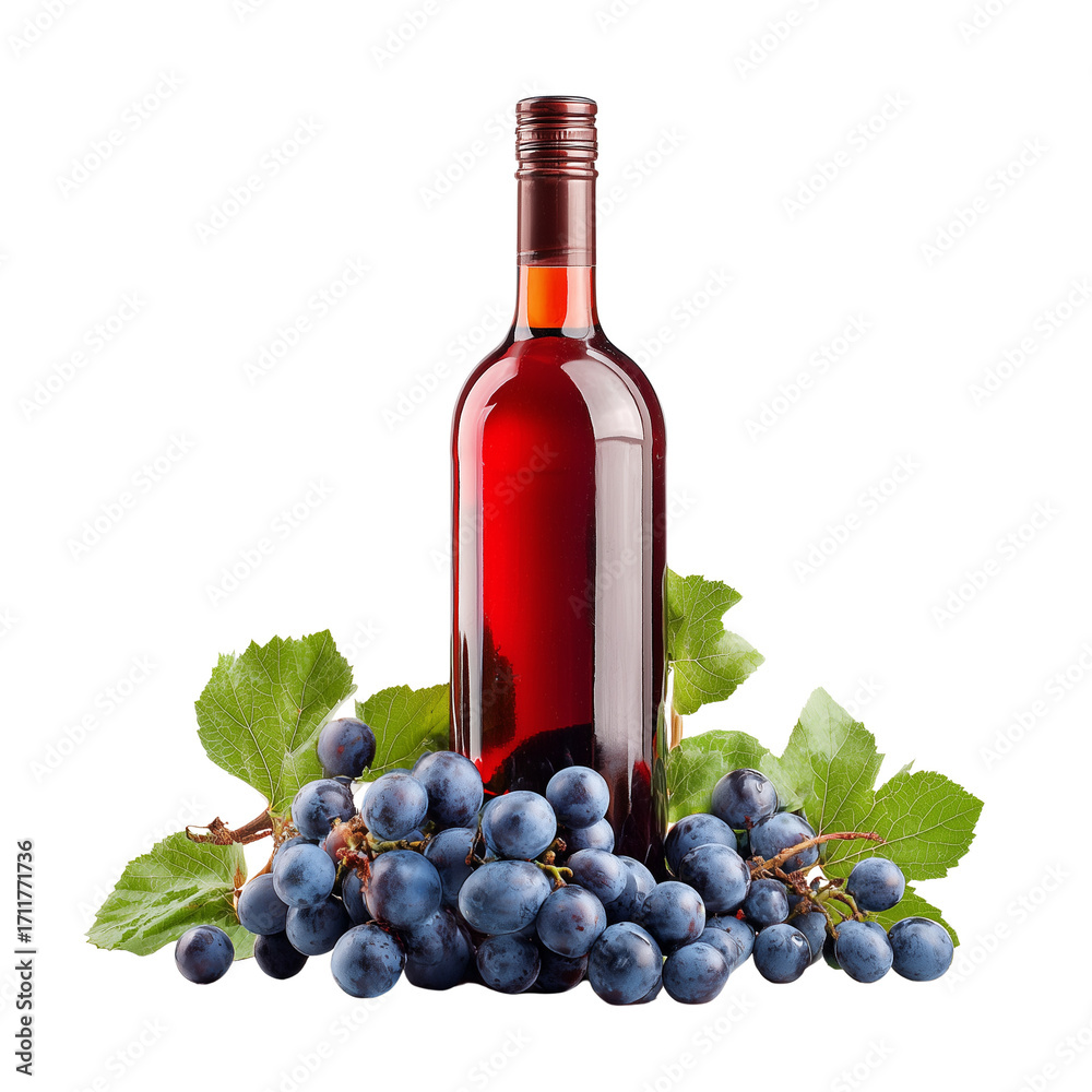 Obraz premium Red wine bottle with wine grapes isolated on transparent background, Clipart png