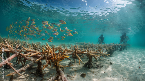 Scuba divers observing a coral reef restoration project with artificially grown coral fragments.