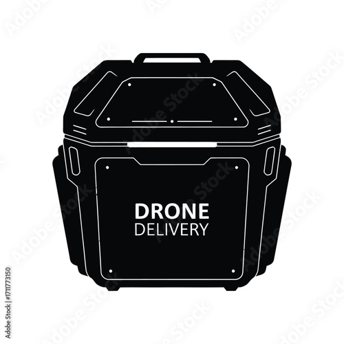 Sleek black and white drone delivery box design for modern logistics and ecommerce solutions showcasing innovation and efficiency in transportation on white background