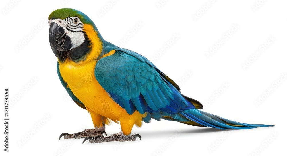Fototapeta premium Vibrant Blue-and-yellow Macaw standing elegantly on a white background. A stunning tropical bird with colorful plumage, perfect for wildlife and pe...