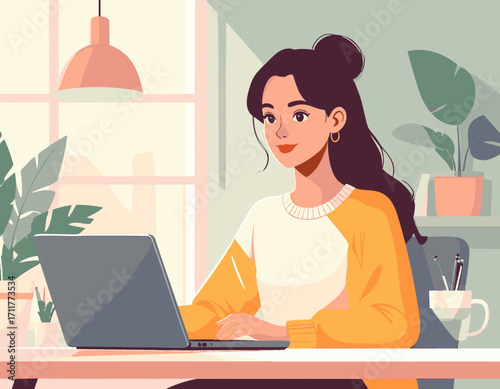 vector illustration of a young woman working remotely
