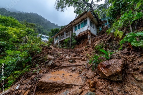 Damaged house on steep muddy slope, aftermath of a landslide