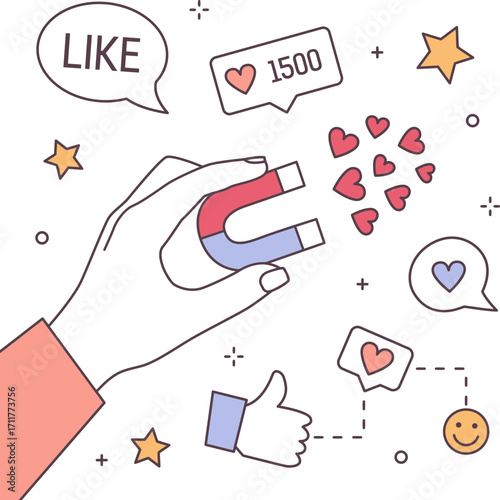 Social Media Engagement Magnet Attracting Likes and Hearts.