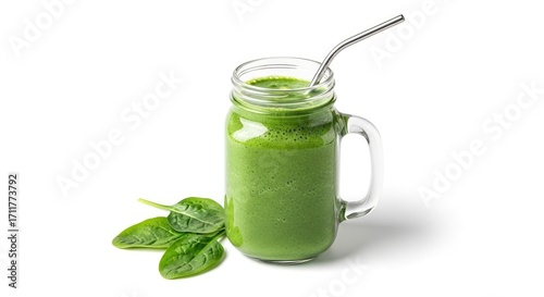 Vibrant green smoothie in a mason jar with a metal straw and fresh spinach leaves on a white background. Healthy detox drink.