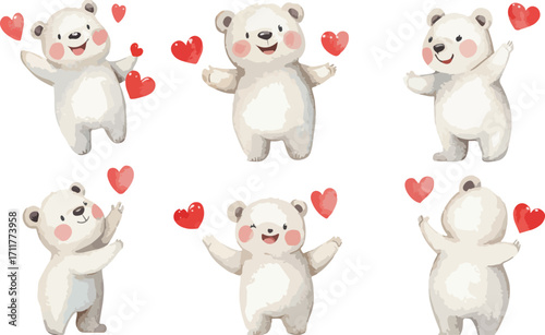Adorable watercolor polar bears holding and surrounded by red hearts in various playful poses for valentine s day celebrations