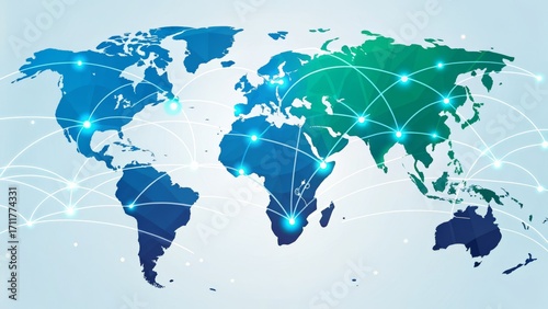 stylized digital global network connecting continents on a vibrant world map