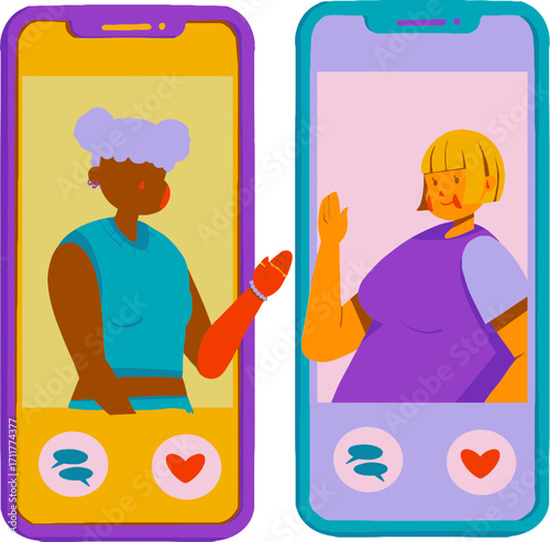 Two women video calling on smartphones.