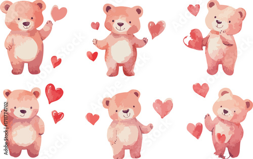 Two adorable watercolor teddy bears holding heart shapes surrounded by many red and pink hearts for valentines day