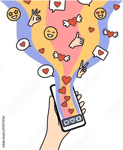 Hand holding smartphone with social media reactions.
