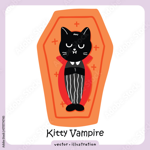 Cute vampire black cat in coffin Halloween illustration Vector