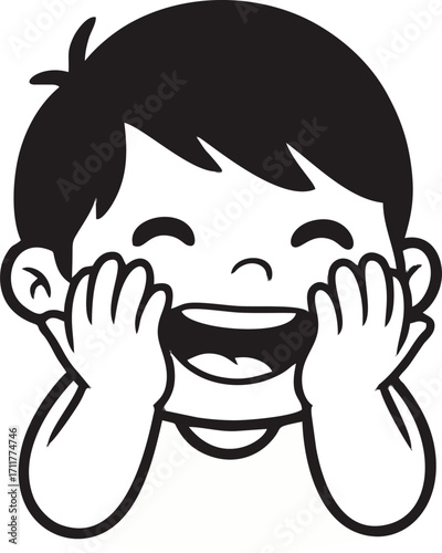Joyful Child's Face Expressing Delight with Hands Framing Cheeks, Smiling Wide.