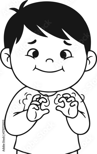 Pensive Young Boy Cartoon Illustration, Black and White Line Art