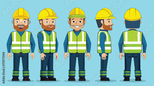 Diverse construction worker characters wearing safety vests and hard hats, perfect for training materials, safety campaigns, and infrastructure projects