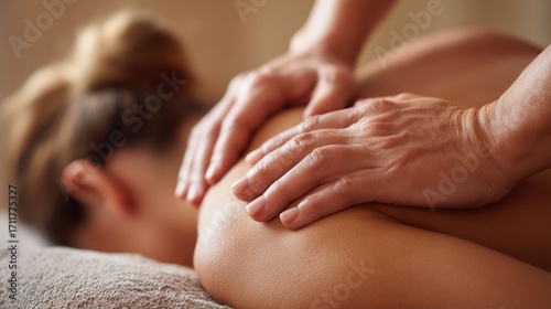 Close up of relaxing back massage therapy session spa wellness treatment for relaxation