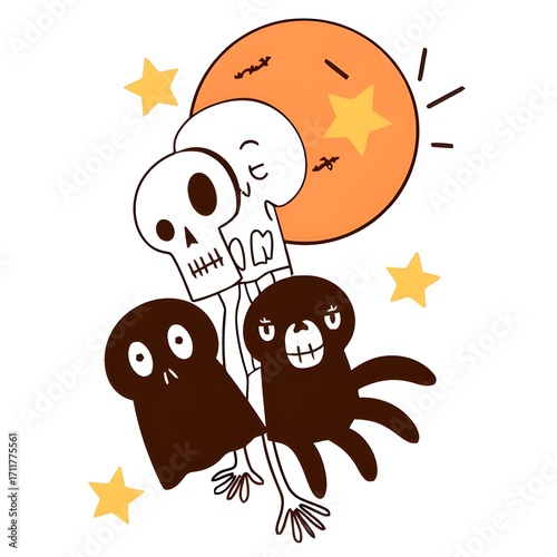 Cute Halloween Cartoon Skulls Ghosts and Moon.