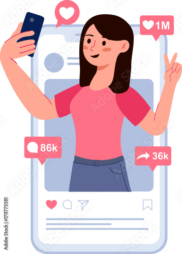 Young woman taking a selfie on social media with likes and shares.