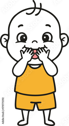 Playful Baby in Yellow Outfit Covering Mouth with Hands
