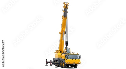 A powerful yellow mobile crane with an extended boom, isolated on a white background, ready for heavy lifting and construction work.