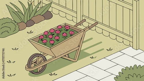 Charming Garden Scene: Wheelbarrow Full of Pink Flowers Ready for Spring Planting by a Picket Fence
