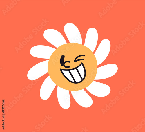 Happy daisy laughing. Cute funny groovy style flower. Smiling floral character, grinning with teeth. Funky retro hippie chamomile winking, positive emotion, face expression. Flat vector illustration