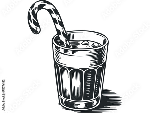 Glass with candy cane beverage. Vector hand drawn illustration