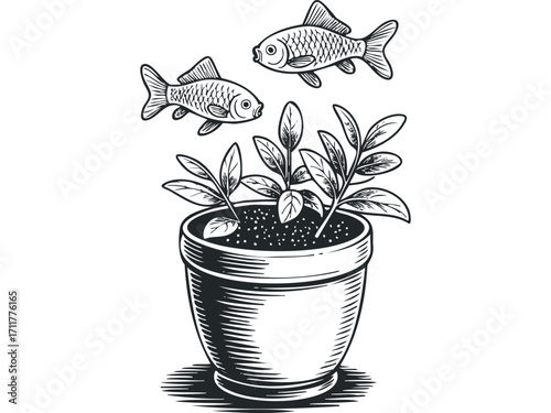 Two goldfish swimming near a potted plant on a. Vector hand drawn illustration